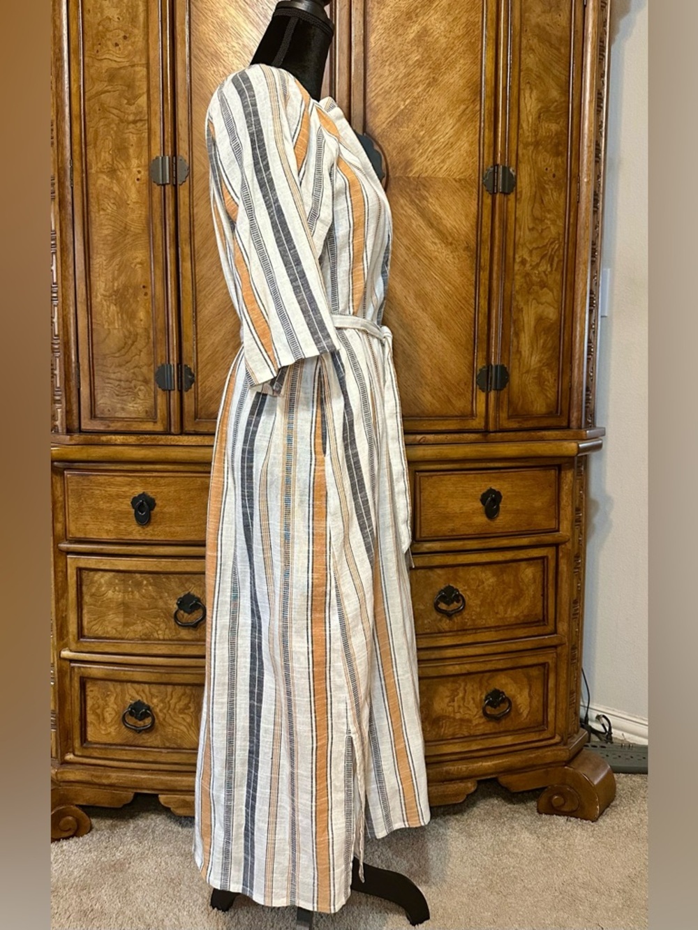 Maisie Resort Midi Dress Medium Stripe Cotton Pockets Belted Side Slit - Picture 6 of 11
